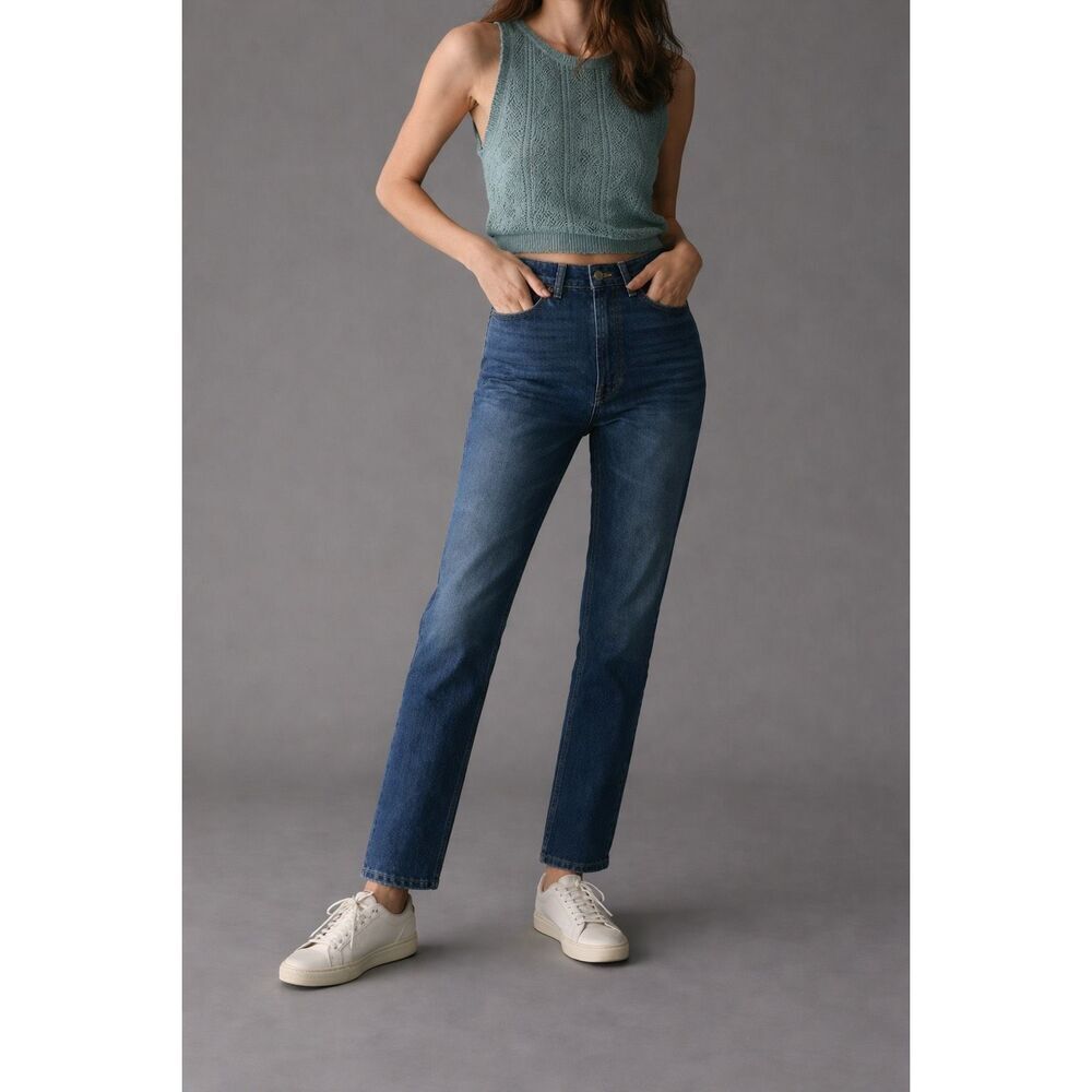 Dôen Womens Blue Denim Button Fly High-Rise Straight Jeans Medium Wash Size 24
